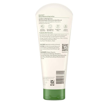 Aveeno Daily Moisturizing Body Lotion, Body Lotion for Dry Skin with Prebiotic Oat, Paraben Free, Fragrance Free, Non-Greasy, Non-Comedogenic Moisturizer, 8 FL OZ