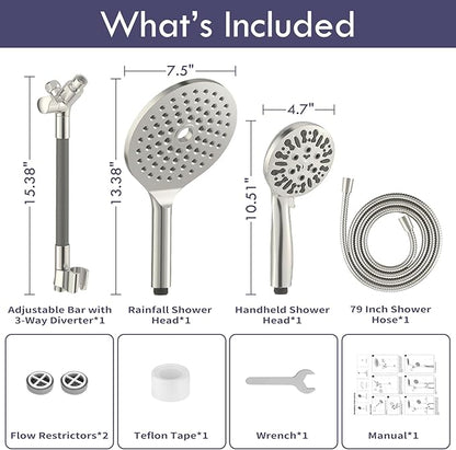 HOWUWEY Dual Shower Heads with Handheld Spray Combo, 7.5" High Pressure Rainfall Showerhead, Double Shower Heads with Handheld Spray, 9 Modes Hand Showerhead with 79" Hose (Standard, Brushed Nickel)