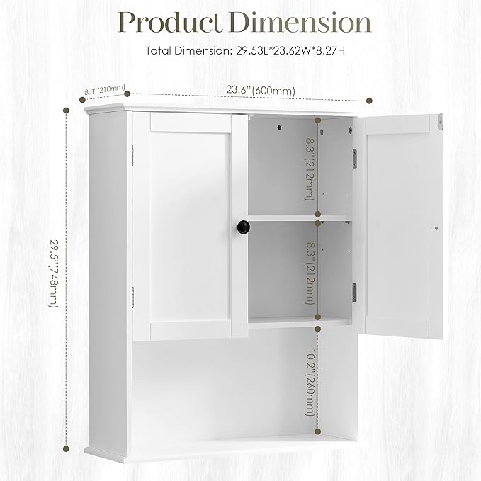 Bathroom Wall Cabinet, White 30" x 24" Wood Wall Mounted Medicine Cabinet, Hanging Cabinet Over Toilet Storage Adjustable Shelves Cupboard with Large Space for Laundry Room, Bedroom Kitchen