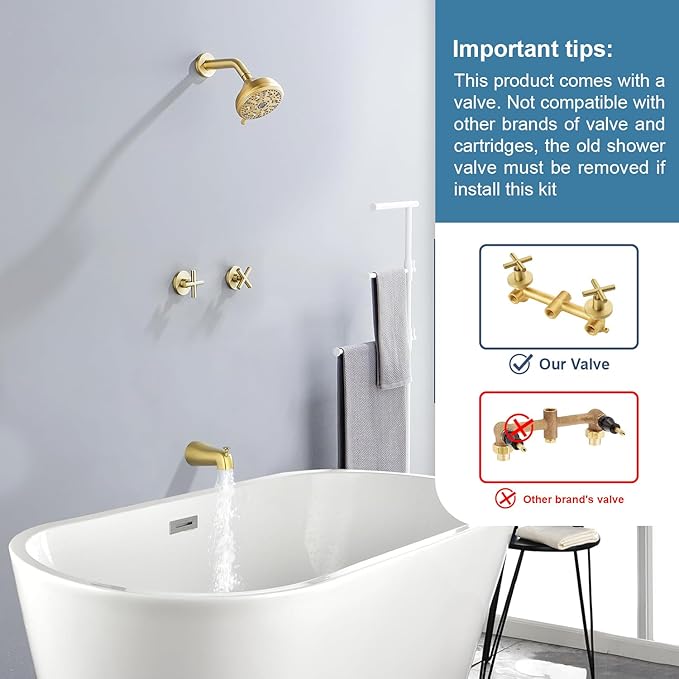2 Handles Shower Faucet Set with Tub Spout Bathtub Shower Faucet Combo Set Shower System Complete Tub and Shower Trim Kit Brushed Gold Wall Mounted Shower Fixtures