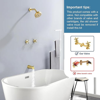 2 Handles Shower Faucet Set with Tub Spout Bathtub Shower Faucet Combo Set Shower System Complete Tub and Shower Trim Kit Brushed Gold Wall Mounted Shower Fixtures