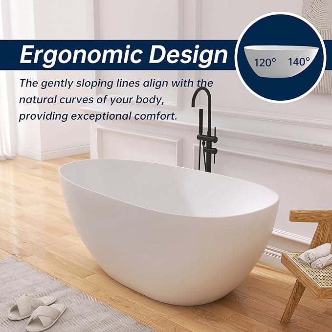 59" Stone Resin Freestanding Bathtub, Oval Solid Surface Bathroom Freestanding Tub, Thin Edge Stand Alone Tub with Integrated Slotted Overflow and Pop-up Drain, Matte White 302-150