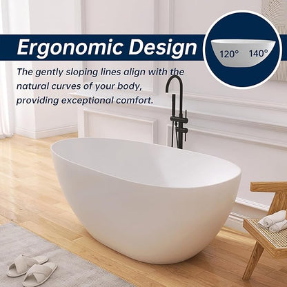 59" Stone Resin Freestanding Bathtub, Oval Solid Surface Bathroom Freestanding Tub, Thin Edge Stand Alone Tub with Integrated Slotted Overflow and Pop-up Drain, Matte White 302-150
