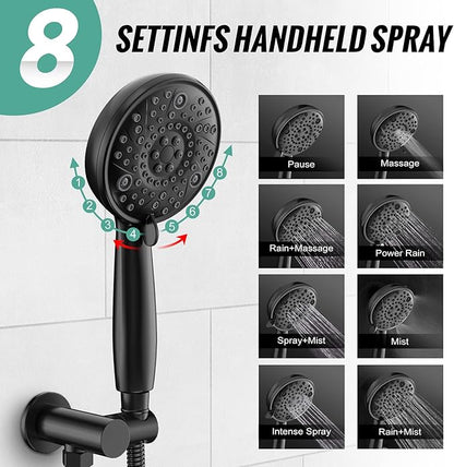 SR SUN RISE Shower Faucet - 8 Inch Multifunctional High Pressure Shower Head System with Handheld Shower Head Fixtures - Valve Included - Matte Black