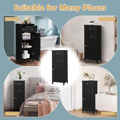 COSTWAY Bathroom Storage Cabinet, Single Door Floor Cabinet with Drawer and 3-Level Adjustable Shelves, Modern Side Storage Organizer with Anti-Tipping Device for Living Room, Bedroom (Black)