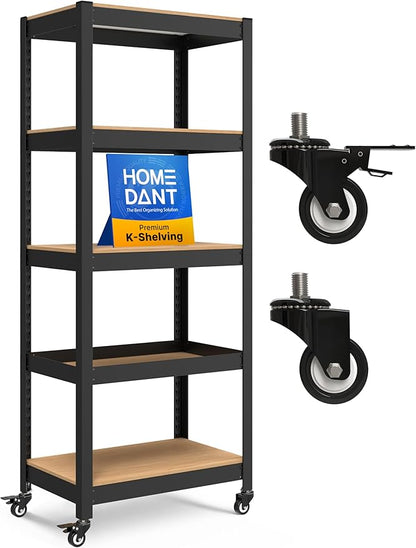 HOMEDANT House 24.4" 5-Tier Metal Rolling Cart Shelf Rack Casters Heavy Duty Laminated Wheel Shelving Unit Adjustable Utility Storage Shelves Shelf Kitchen Garage Black 1Pack