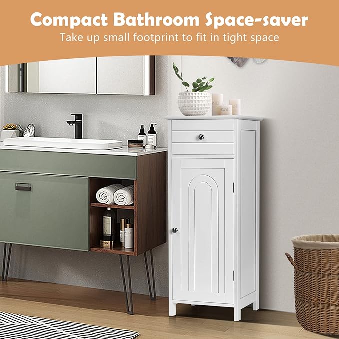 COSTWAY Bathroom Storage Cabinet, Single Door Floor Cabinet with Drawer and 3-Level Adjustable Shelves, Modern Side Storage Organizer with Anti-Tipping Device for Living Room, Bedroom (White)