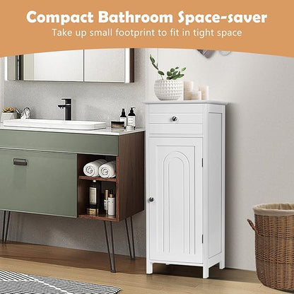 COSTWAY Bathroom Storage Cabinet, Single Door Floor Cabinet with Drawer and 3-Level Adjustable Shelves, Modern Side Storage Organizer with Anti-Tipping Device for Living Room, Bedroom (White)