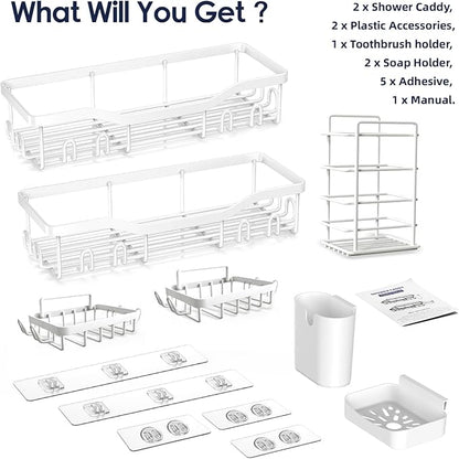 Shower Caddy Adhesive Shower Organizer 7-Pack, Rustproof Stainless Steel Bathroom Shelves, Large Capacity No-Drill Rack Storage Accessories with Soap Dish Toothbrush Holder Hooks (White)
