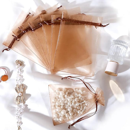 Hopttreely 100pcs Organza Bags, Light Brown 4''x4.72''(10x12cm) Satin Drawstring Organza Pouch Wedding Party Favor Gift Bag Jewelry Watch Bags