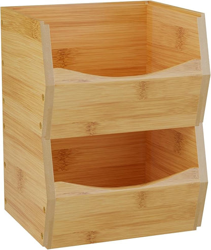2 Set Open Front Small Stackable Storage Bins, Bamboo Stacking Storage Bins Snack Tea Bags Fruits Spices Countertop Storage, Rustic Organizer Bins for Pantry, Kitchen, Office, Bedroom (Small Natural)