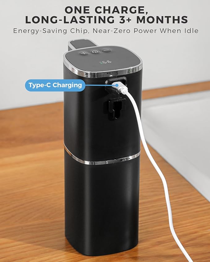 Automatic Liquid Soap Dispenser, 12.8oz Rechargeable, Adjustable Liquid Levels, IPX5 Waterproof, Touchless & Wall/Tabletop Use for Kitchen Bathroom, Black