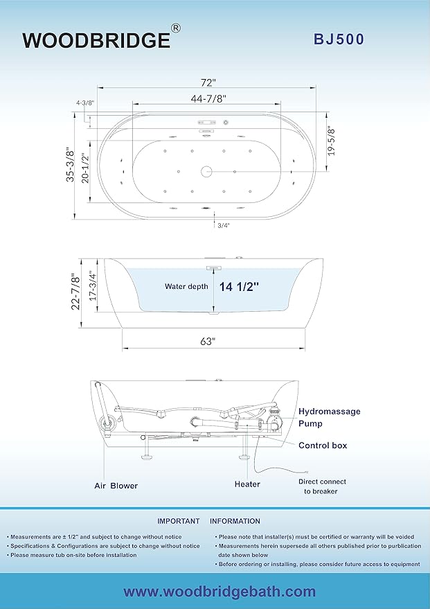 WOODBRIDGE 72" x 35-3/8" Whirlpool and Air Bath Heated Soaking Combination Tub with Adjustable Speed Air Blower and Display Control Panel, White,BJ-500