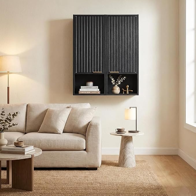 59.1" Tall Slim Bathroom Storage Cabinet Black | Freestanding or Wall Mounted Modular Cabinet, Fluted Panel Linen Tower with Adjustable Shelves for Small Spaces
