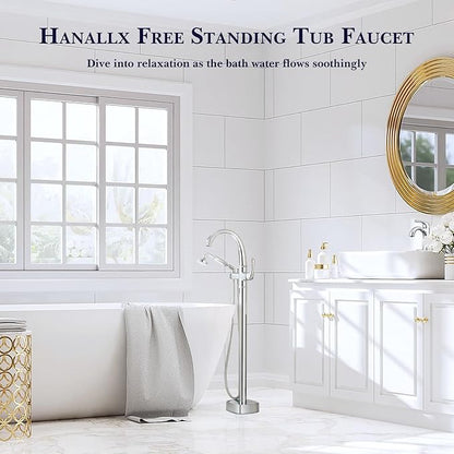 Free Standing Tub Faucet, Hanallx Luxury Polished Chrome Freestanding Bathtub Faucet with Sprayer, Premium Brass High Flow Rate Floor Mount Tub Filler Swivel Spout, Roman Tub Faucet Set（HM88011-CP）