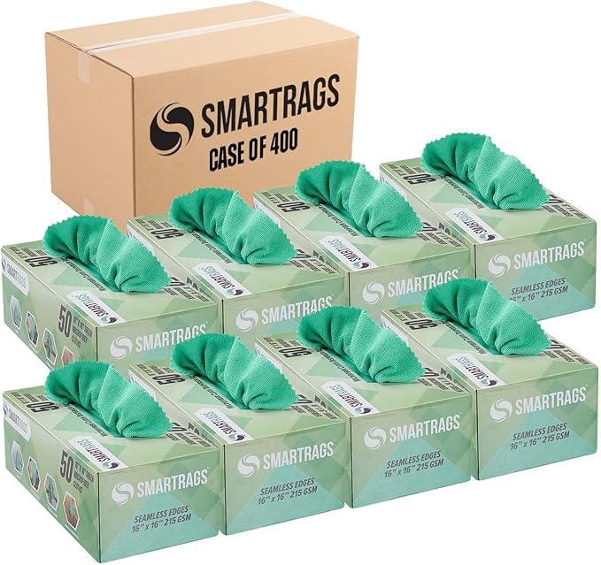 Arkwright Smart Rags in Box - (Bulk Case of 400) Lint Free, Large Microfiber Cleaning Cloth, Scratch & Streak-Free, Dispensable Wash Towels for Cars, Kitchen, and Window Glass, 16 x 16 in, Green