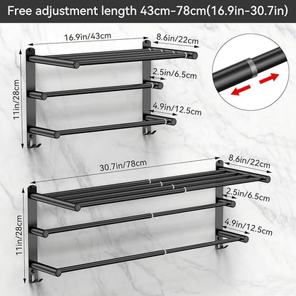 Black Adjustable Towel Bar for Bathroom Wall Mount17-30.7inch Adhesive Shower Towel Rack Stainless Steel Bath Towel Holders for Toilet Kitchen Double Towel Hanger (Black 3-Layer Towel Rack)