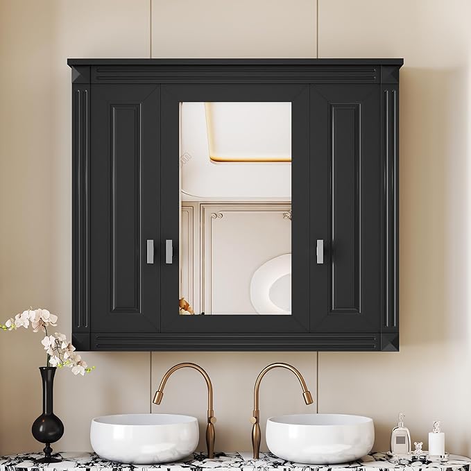 Merax Wall Mounted Bathroom Medicine Cabinet with Mirror, Bathroom Wall Cabinet with Doors and Shelves, 34" x 29" Mirrored Door Over Toilet Storage Cabinet, Black
