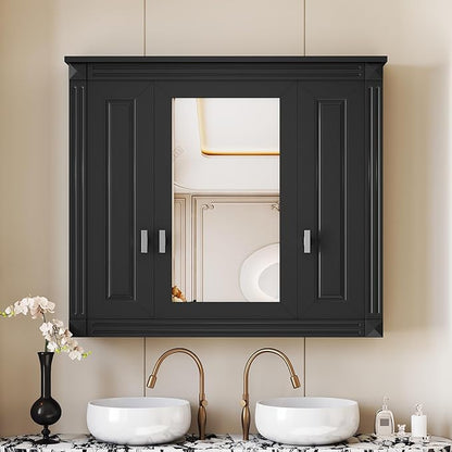 Merax Wall Mounted Bathroom Medicine Cabinet with Mirror, Bathroom Wall Cabinet with Doors and Shelves, 34" x 29" Mirrored Door Over Toilet Storage Cabinet, Black