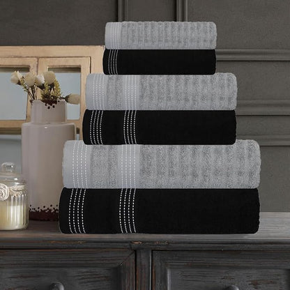 CASA COPENHAGEN® Elegance 6 Pieces Towel Set- Grey Violet + Black, 550 GSM, 2 Bath Towel 2 Hand Towel 2 Washcloth Designed in Denmark Made of Soft Egyptian Cotton for Bathroom, Kitchen and Shower