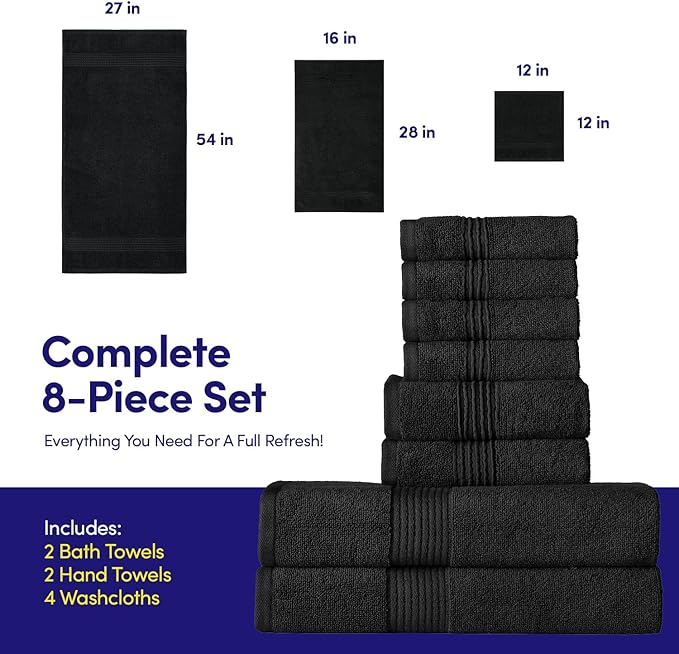 Bath Towels 8 Piece Towel Set – 100% Combed Cotton – Bath + Hand + Washcloths – Oeko-TEX Certified Soft & Absorbent Towels with Durable Double-Stitched Edges for Bathroom or Guest Spa, Black
