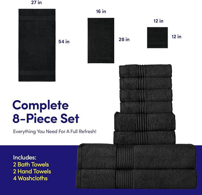 Bath Towels 8 Piece Towel Set – 100% Combed Cotton – Bath + Hand + Washcloths – Oeko-TEX Certified Soft & Absorbent Towels with Durable Double-Stitched Edges for Bathroom or Guest Spa, Black