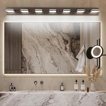 SineRise LED Modern Bathroom Vanity Light Fixtures (7-Light, 55-Inch, Dimmable), Brown Wood Painted Modern Acrylic Bathroom Wall Lighting Fixtures Over Mirror (Cool White 6000K)