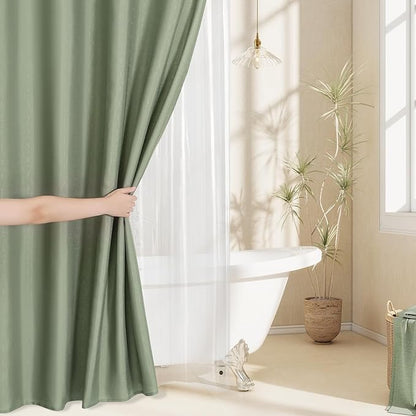 MitoVilla 3 in 1 Shower Curtain Set, Sage Green Boho Farmhouse Linen Textured Bath Curtain and Clear PEVA Liner Set with 12 Double Sided Steel Hooks, Waterproof Fabric Hotel Bathroom Curtain - 72x72
