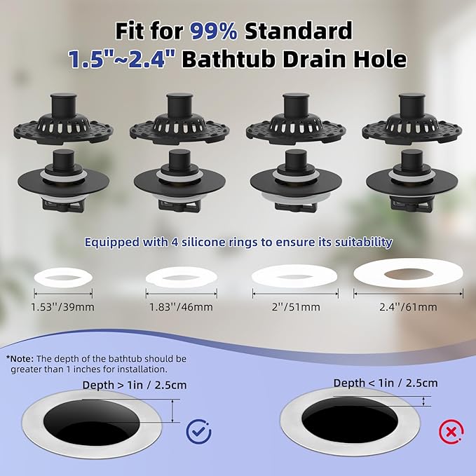 Metal 2 Pack Bathtub Drain Stopper with Top Hair Catcher, 3 in 1 Pop-up Bathtub Strainer, Tub Stopper with Detachable Stainless Steel Filter Basket for Standard 1.5 to 2.4'' Drain, Matte Black