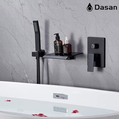 Upgraded Wall Mount Tub Filler Faucet with Handheld Shower, DASAN Modern Wall Mounted Bathtub Faucet Matte Black High Flow Waterfall Tub Faucet with Rough in Valve, SA-TF04WH-MB