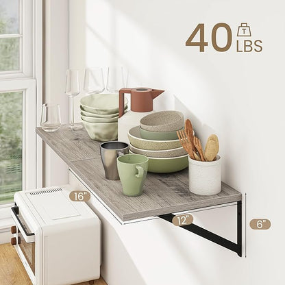 Dreamland Grey Floating Shelves for Wall, Brown Wood Wall Mounted Shelves, Large Floating Shelf 12 * 16 inch Set of 2 for Bookshelf Living Room Bedroom Home Office Bathroom