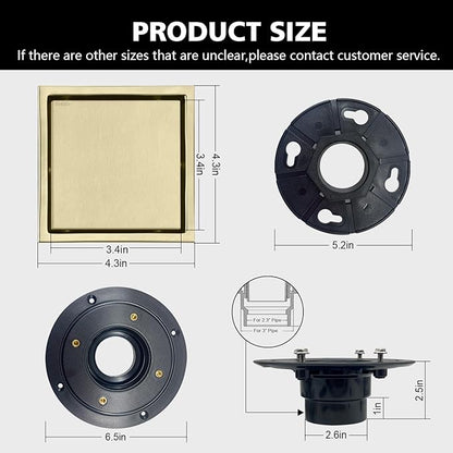 4 Inch Square Shower Drain with Flange, Removeable Grate SUS 304 Stainless Steel Shower Drain with Hair Catcher (Brushed Gold-1, 4 Inch)