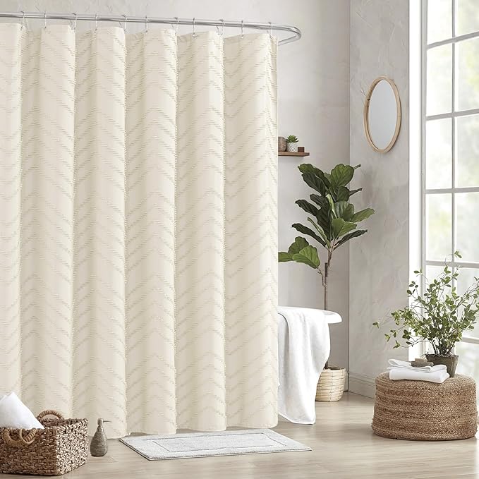 Extra Long 72 x 96 Cream Shower Curtain Boho Farmhouse Shower Curtain Tufted Chevron Textured Minimalist Shower Curtains for Bathroom