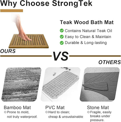 StrongTek 24 inch Teak Shower Mat, Water-Resistant, Non-Slip, Easy-to-Clean Bath Mat for Safety and Durability, Ideal for Bathrooms, Saunas, Spas, and Outdoor Use