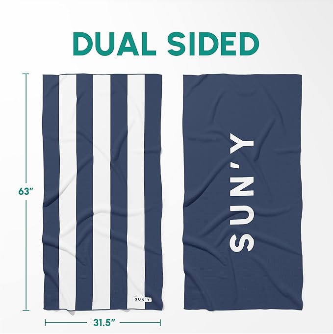 SUN'Y Waffle Microfiber Beach Towel – Sand Free, Quick Dry, Ultra Absorbent, Lightweight & Compact Travel Towel with Carry Bag - Large (63” x 31.5”), Nautical Navy