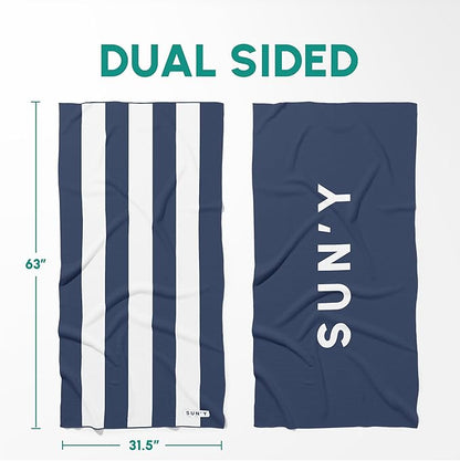 SUN'Y Waffle Microfiber Beach Towel – Sand Free, Quick Dry, Ultra Absorbent, Lightweight & Compact Travel Towel with Carry Bag - Large (63” x 31.5”), Nautical Navy