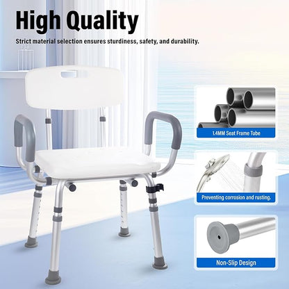 FSA/HSA,500 lbs Heavy Duty Shower Seat for SeniorsShower Chair for Inside Shower with Arms and Back, Height Adjustable Shower Chair for Elderly and Disabled with Enhanced Non-Slip Feet