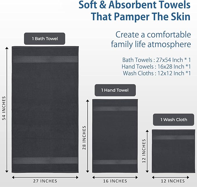 DAN RIVER 100% Ring Spun Cotton 3-Piece Towel Set, Dark Gray, Bath Towel, Hand Towel and Washcloths, 550 GSM - Soft, Absorbent Quick Dry Cotton Towels for Bathroom, Spa, and Gym