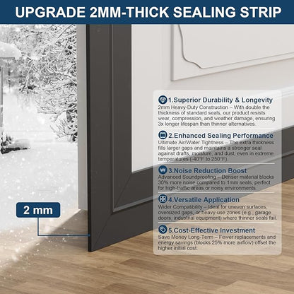 Heavy-Duty 36 ft x 1 in Weather Stripping, Extra Thick 2mm Door Draft Stopper Silicone Seal Strip for House and Glass Shower Doors for Collision and Side Gaps of Door and Windows, Black