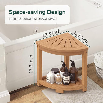 Waterproof Corner Shower Stool for Inside Shower, Poly Lumber Shower Bench Seat Chair, Bath Shower Stool for Shaving Legs Foot Rest with Storage Shelf, Adjustable & Non-Slip Feet, Teak Brown