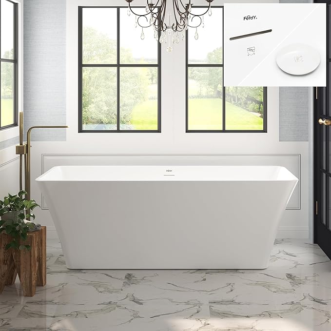 FerdY Sentosa 67" Acrylic Freestanding Bathtub, Contemporary Design Soaking Tub with Polished White Drain and Minimalist Linear Design Overflow, Easy to Install