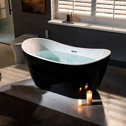WOODBRIDGE 59" Acrylic Freestanding Bathtub Contemporary Soaking Tub, Black Acrylic(Brushed Nickel Drain/Overflow),BTA1816-BN
