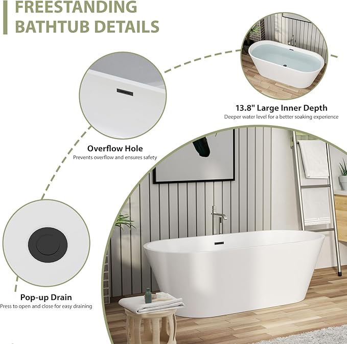 67" Acrylic Freestanding Bathtub - Mocloo Modern Elegant Soaking Stand Alone Bathroom Tub, Matte White, Overflow and Black Offset Drain