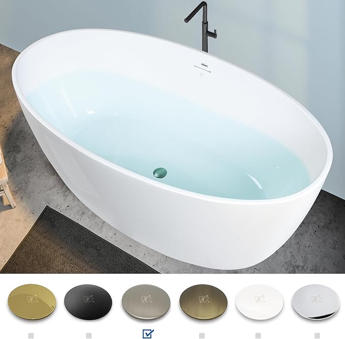 FerdY Tahiti 59" Acrylic Freestanding Bathtub, Elegant Oval Shape Bathtub, Glossy White, Brushed Nickel Drain & Integrated Slotted Overflow Assembly Included cUPC Certified, 02119