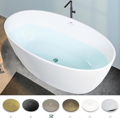 FerdY Tahiti 59" Acrylic Freestanding Bathtub, Elegant Oval Shape Bathtub, Glossy White, Brushed Nickel Drain & Integrated Slotted Overflow Assembly Included cUPC Certified, 02119