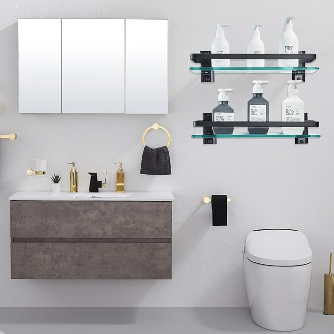 AIJALY 3 Pack Bathroom Glass Shelf,Aluminum Tempered Glass 0.34in Extra Thick Rectangular 1 Tier Storage Organizer Wall Mount,Black 15.7in