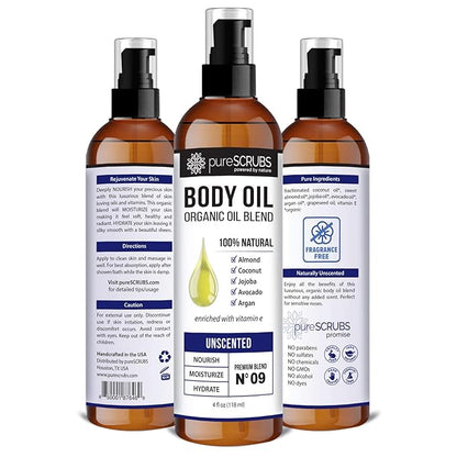 pureSCRUBS Ultra Moisturizing Unscented Body Oil Spray for Dry Skin, Massage, Stretch Marks, Organic Super Blend of Jojoba, Argan, Coconut, Sweet Almond & Avocado Oils Enriched with Vitamin E, Lg 4oz