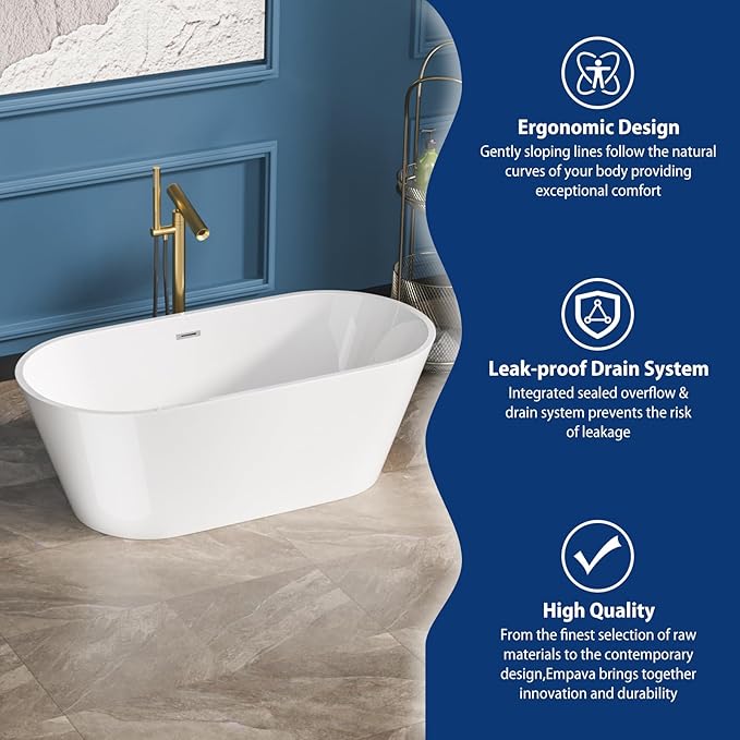 Sarlai 63 Inch Acrylic Freestanding Soaking Bathtub Contemporary Soaking White Tub Stand Alone Ergonomic Bathtub with Chrome Drain and Overflow