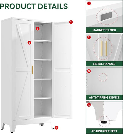 Metal Cabinets with Barn Doors and Adjustable Shelves,71" Tall Storage Cabinet,5-Tier Storage Cupboard for Kitchen,Dining Room,Garage,Bathroom,White