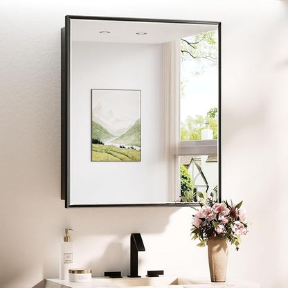 TokeShimi 26x30 Recessed Medicine Cabinet with Mirror Wall Mounted, Metal Beveled Mirror with Storage for Bathroom Vanity, Aluminum Alloy Medicine Cabinet Mirrored Black